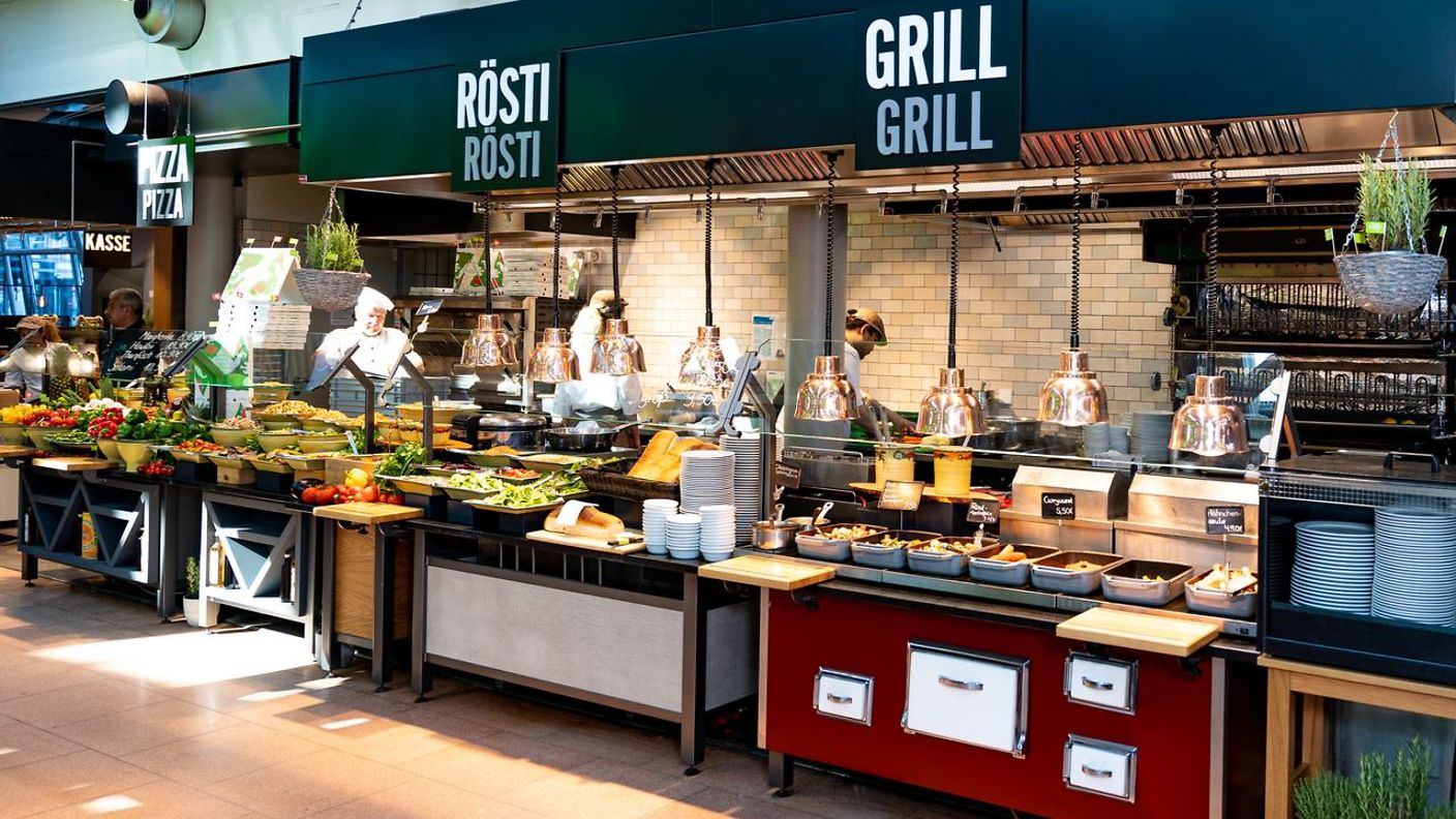 Marché Restaurant mit Terrasse - frische Produkte, warme und kalte Speisen, vegetarische Auswahl